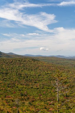 Değişen ağaçlara ve diğer dağlara tepeden bakan bir dağın tepesinden bakıyor. White Mountain Ulusal Ormanı, New Hampshire 'da yüksek kaliteli fotoğraf..
