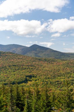 Değişen ağaçlara ve diğer dağlara tepeden bakan bir dağın tepesinden bakıyor. White Mountain Ulusal Ormanı, New Hampshire 'da yüksek kaliteli fotoğraf..