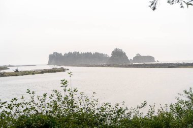 Bulutlu bir günde Rialto Sahili 'nde dev kaya ve okyanus manzarası. Washington eyaletindeki Rialto Beach Olimpiyat Ulusal Parkı 'nda çekilmiş kaliteli bir fotoğraf..