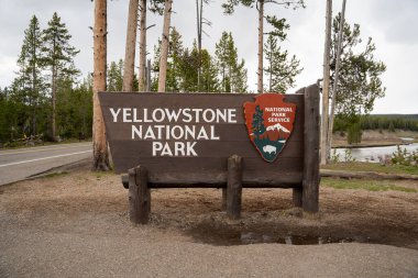 Arkasında yeşil ağaçlar olan ahşap Yellowstone Ulusal Parkı Güney Girişi tabelası. Wyoming 'deki Yellowstone Ulusal Parkı' nda çekilmiş kaliteli bir fotoğraf..