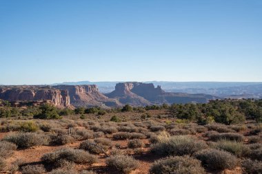 Utah, Canyonlands Ulusal Parkı 'nda günbatımında kızıl kaya kanyonlarının ve kayaların güzel manzarası. Utah, Canyonlands Ulusal Parkı 'nda çekilmiş kaliteli bir fotoğraf..