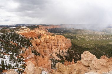 Bryce Canyon Ulusal Parkı 'nda yeşil ve kırmızı kayalıklarla çevrili güzel bir Hoodoos manzarası. Bryce Canyon City, Utah yakınlarında çekilmiş kaliteli bir fotoğraf..