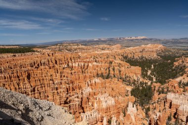 Bryce Canyon Ulusal Parkı 'nda yeşil ve kırmızı kayalıklarla çevrili güzel bir Hoodoos manzarası. Bryce Canyon City, Utah yakınlarında çekilmiş kaliteli bir fotoğraf..