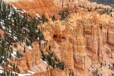 Bryce Canyon Ulusal Parkı 'nda yeşil ve kırmızı kayalıklarla çevrili güzel bir Hoodoos manzarası. Bryce Canyon City, Utah yakınlarında çekilmiş kaliteli bir fotoğraf..