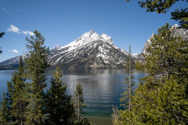 Altın Saat sırasında ve güneşli bir günde insanların olmadığı Teton Dağı 'nın çarpıcı manzarası. Grand Teton Ulusal Parkı, Wyoming 'de çekilmiş kaliteli bir fotoğraf.