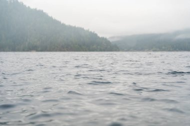 Washington 'da yağmurlu ve sisli bir günde Crescent Gölü' nün manzarasının tadını çıkarın. Olimpiyat Ulusal Parkı 'nda yüksek kaliteli bir fotoğraf..