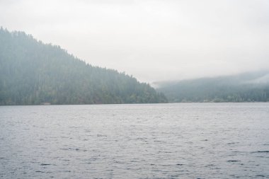 Washington 'da yağmurlu ve sisli bir günde Crescent Gölü' nün manzarasının tadını çıkarın. Olimpiyat Ulusal Parkı 'nda yüksek kaliteli bir fotoğraf..