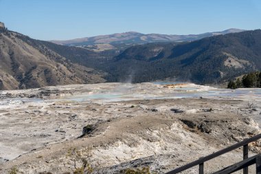 Yellowstone Ulusal Parkı 'nda güneşli bir günde Mammoth Kaplıcaları manzarası. Mamut, Wyoming yakınlarında çekilmiş kaliteli bir fotoğraf..