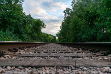 A beautiful view of the train tracks off to the horizon surrounded by greenery taken during a cloudy sunset. A high-quality photo taken at Birch Island Park in Eden Prairie, Minnesota. clipart