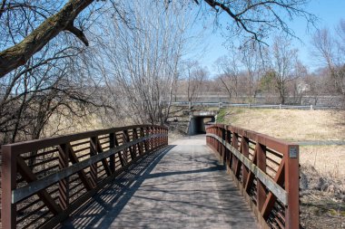 Yerel bir Minnesota parkındaki asfalt yol sonbahar boyunca yapraksız ağaçlarla çevrili yürüyen bir geline çıkar. Eden Prairie, Minnesota yakınlarında çekilmiş kaliteli bir fotoğraf..