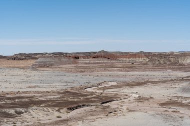 Arizona 'daki Petrified Forest Ulusal Parkı' nın kurak ve aşınmış manzarası. Katmanlı tepeler, kurak akıntılar ve çöl arazisi boyunca uzanan açık mavi bir gökyüzü..