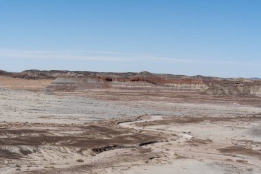 Arizona 'daki Petrified Forest Ulusal Parkı' nın kurak ve aşınmış manzarası. Katmanlı tepeler, kurak akıntılar ve çöl arazisi boyunca uzanan açık mavi bir gökyüzü..