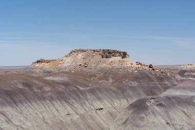 Arizona, Petrified Forest Ulusal Parkı 'ndaki Mavi Orman Yürüyüşü boyunca uzanan kurak ve katmanlı arazinin geniş bir görüntüsü eşsiz jeolojik oluşumları ve geniş çöl manzaralarını vurguluyor..