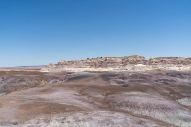Arizona, Petrified Forest Ulusal Parkı 'ndaki Mavi Orman Yürüyüşü boyunca uzanan kurak ve katmanlı arazinin geniş bir görüntüsü eşsiz jeolojik oluşumları ve geniş çöl manzaralarını vurguluyor..