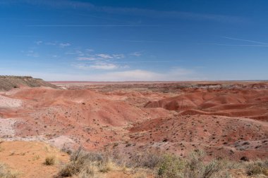 Arizona, Petrified Forest Ulusal Parkı 'ndaki renkli çöl arazisinin engin manzarası güneşli bir günde, katmanlı tepeleri ve açık gökyüzünü gösteriyor..
