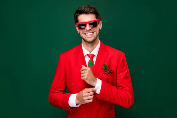Portrait Attractive Cheerful Fashionable Guy Wearing Classy Suit Festal Day — Stock Photo, Image