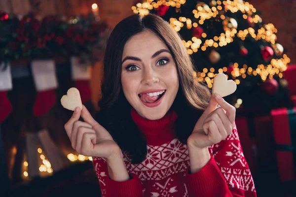 Photo of cheerful excited person arms hold heart shape ginger cookies tongue lick teeth winter season indoors.