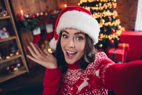 Portrait Excited Positive Girl Make Selfie Recording Video Have Good — Stock Photo, Image