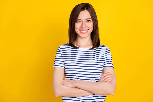 stock image Photo of pretty nice woman wear trendy outfit clothes arm folded show bright smile isolated on yellow color background.