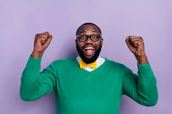Portrait Delighted Astonished Man Raise Fists Shout Yes Isolated Purple — Stock Photo, Image
