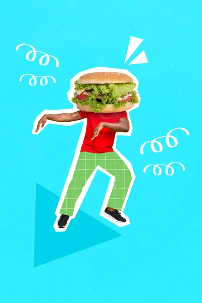 Vertical Collage Image Overjoyed Dancing Person Big Mcdonalds Burger Instead — Stock Photo, Image