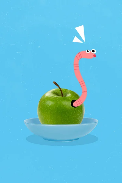 3d retro abstract creative artwork template collage of impressed funny worm eating green apple isolated painting background.