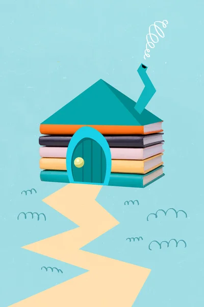Pionowe Kreatywne Kolaż Ilustracja Grafika Niebieski Dom Wykonany Książki Szlak — Zdjęcie stockowe