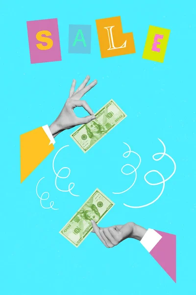 Vertical Creative Collage Photo Illustration Hands Hold Money Dollars Buy — Stock Photo, Image