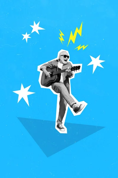 滑稽而时髦的老人弹吉他 跳吉他舞 唱蓝调歌曲的垂直创造性图片拼贴图 — 图库照片