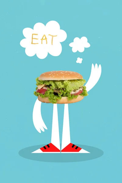 手足挥手的汉堡包的垂直创意拼贴图片邀请他吃蓝色背景的孤立 — 图库照片