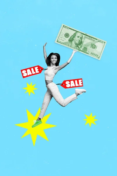 Collage 3d image of pinup pop retro sketch of happy smiling lady ready spending money on sale isolated painting background.