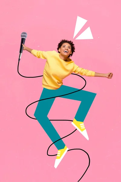 Collage Fotó Őrült Izgatott Pozitív Lány Jumping Levegő Hangulat Tartsa — Stock Fotó