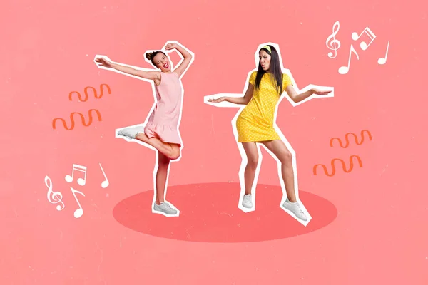 Collage Foto Van Jonge Vrienden Meisjes Dansen Weekend Hoera Leuk — Stockfoto