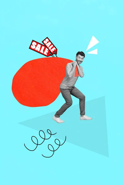 コラージュアートワークグラフィック画像の面白いファンキー男保持大きな赤い袋フル掘り出し物隔離された絵画背景 — ストック写真