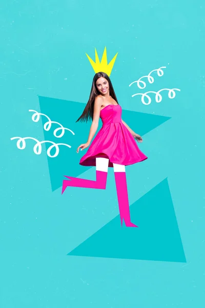 Imagem Colagem Vertical Lindo Vestido Rosa Menina Positiva Pintado Pernas — Fotografia de Stock
