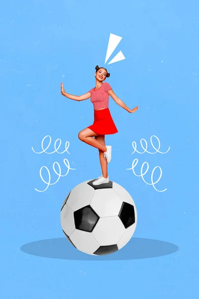 Vertical Collage Retrato Excitado Positivo Chica Stand Grande Fútbol Baile — Foto de Stock