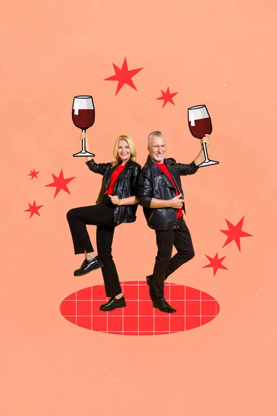 Vertical collage illustration of two excited aged people hold big wine glass isolated on drawing background.