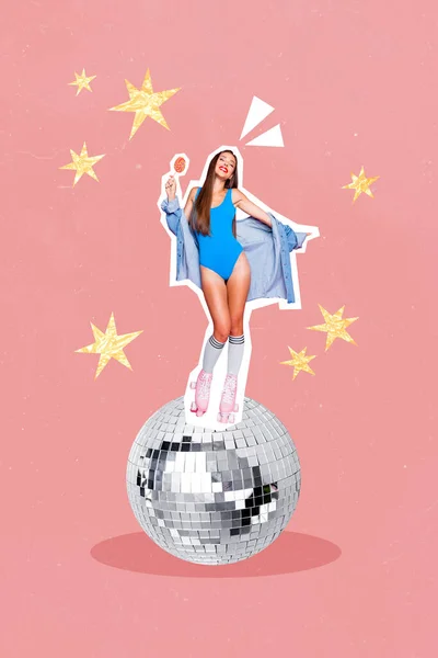 Vertikální Koláž Obrázek Nadšené Bezstarostné Dívky Těšit Tanec Velký Disco — Stock fotografie
