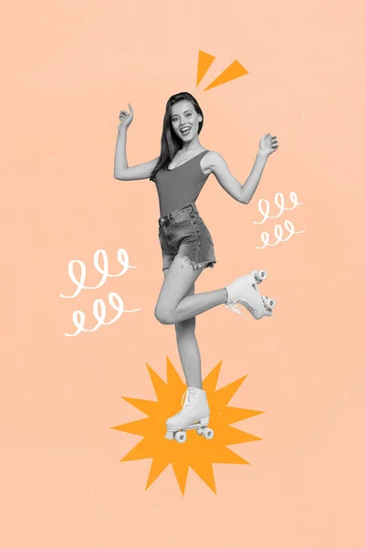 Imagem Colagem Vertical Excitado Menina Positiva Preto Branco Efeito Passeio — Fotografia de Stock
