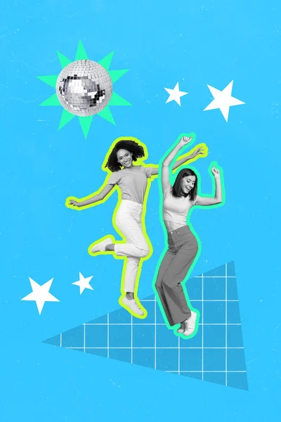 富有创意的复古3D杂志形象 快乐迷人的女士在一起跳舞 有着独特有趣的绘画背景 — 图库照片