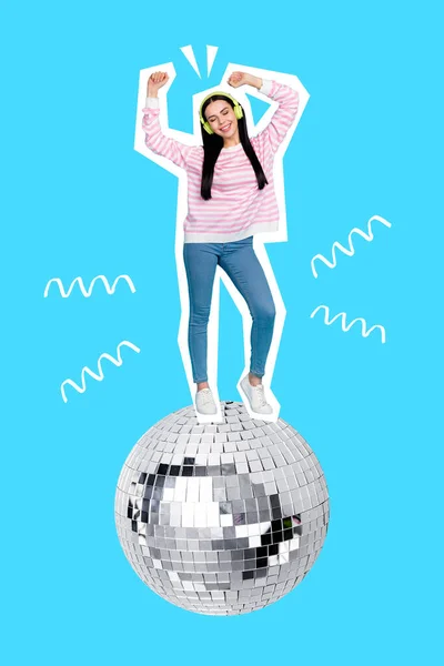 Collage 3d image of pinup pop retro sketch of happy smiling lady having fun big disco ball isolated painting background.