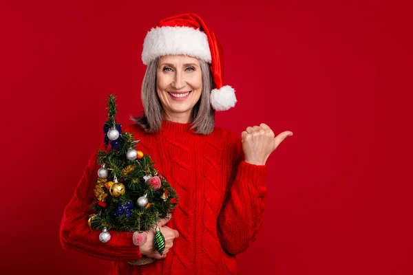 Фотографія Санта Клауса Бабуся Тримає Дерево Декору Прямий Палець Порожній — стокове фото