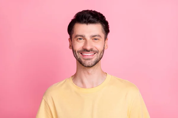 Portrait Positive Satisfied Handsome Man Stylish Haircut Wear Yellow Shirt — Stock Photo, Image