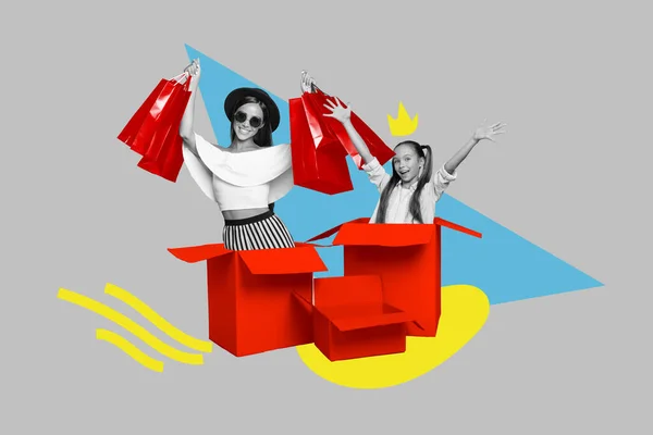 Kreatywne Zdjęcie Kolaż Grafika Plakat Szczęśliwy Dwie Dziewczyny Siedzi Box — Zdjęcie stockowe