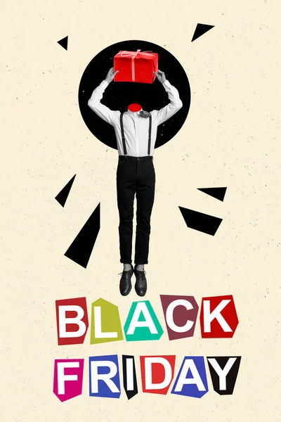 Vertikale Collage Bild Von Kopflosen Kerl Hände Halten Geschenkbox Black — Stockfoto