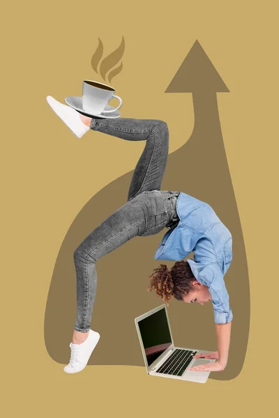 Composite Collage Billede Fleksibel Ung Kvinde Der Arbejder Eksternt Laptop - Stock-foto