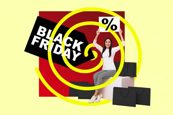 Collage Photo Addicted Shopaholic Promoter Lady Hold Paper Sale Percentage — Stock Photo, Image