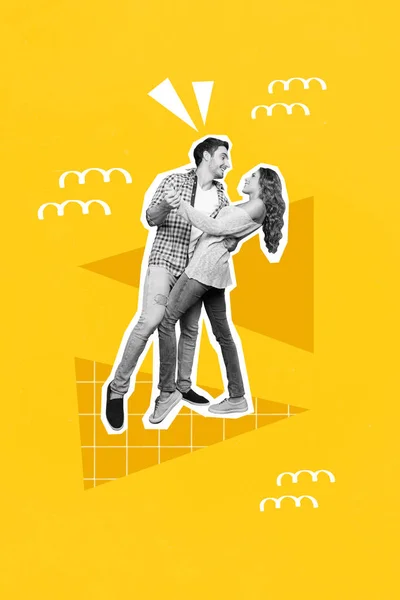 レストラン記念日の後に一緒に踊る若い学生のカップルの恋人のコラージュ写真黄色の背景に隔離されたカジュアルなスタイリッシュな服を着る — ストック写真