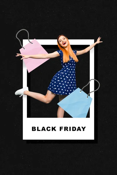 Collage Photo Young Beautiful Girl Shopaholic Dancing Wear Dotted Dress — Stock Photo, Image