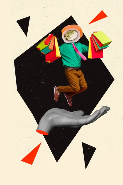 손바닥 점프작은 남자스시 창조적 배경에 가방을 콜라주 이미지 — 스톡 사진